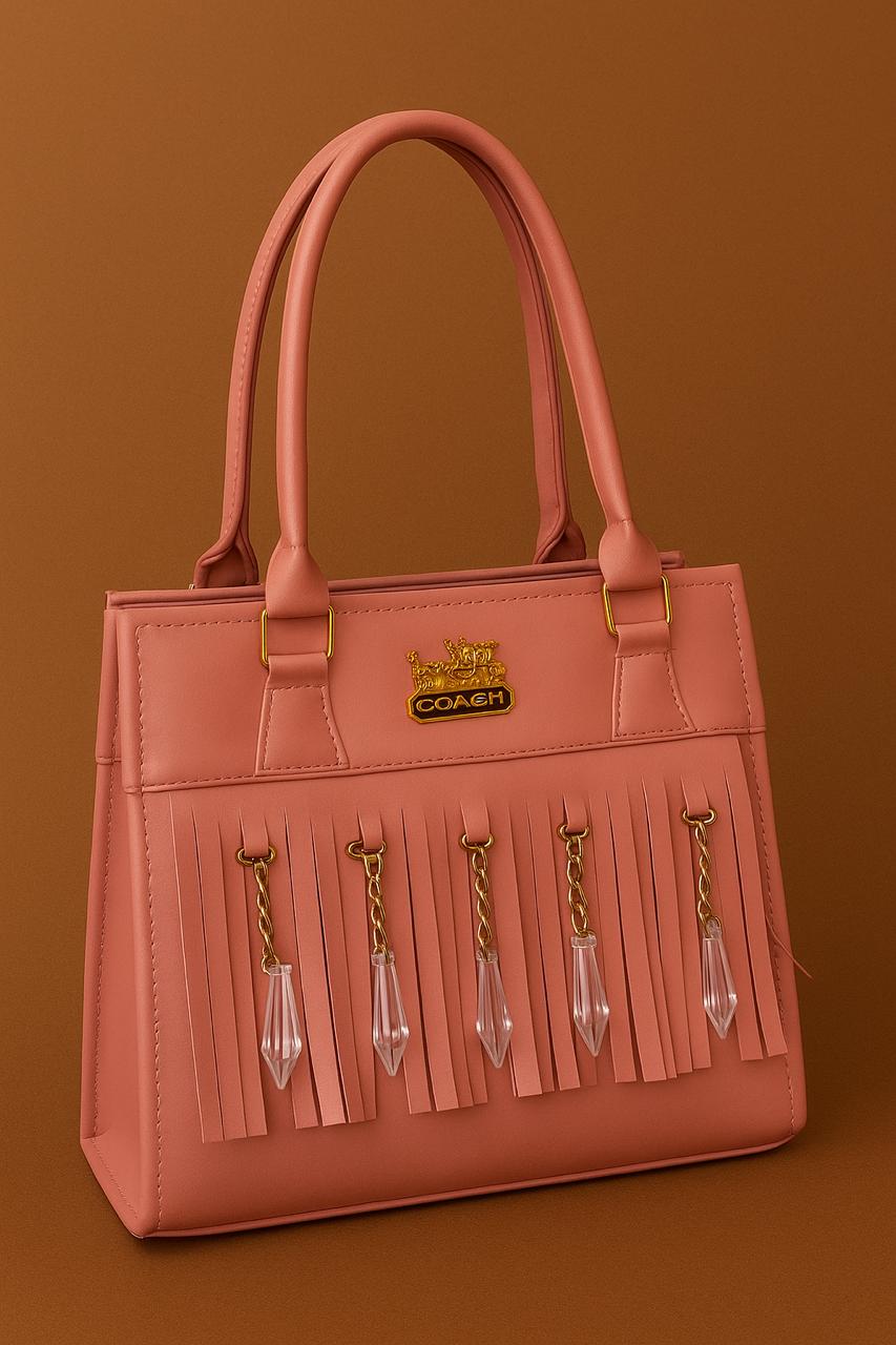 Luxury Fringe Handbag with Crystal Charms – Beige, Pink & Red