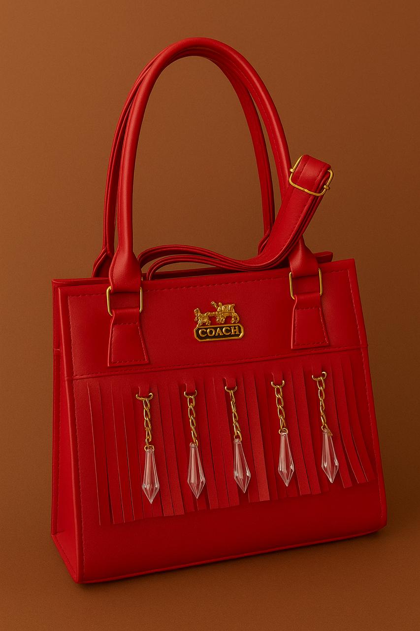 Luxury Fringe Handbag with Crystal Charms – Beige, Pink & Red