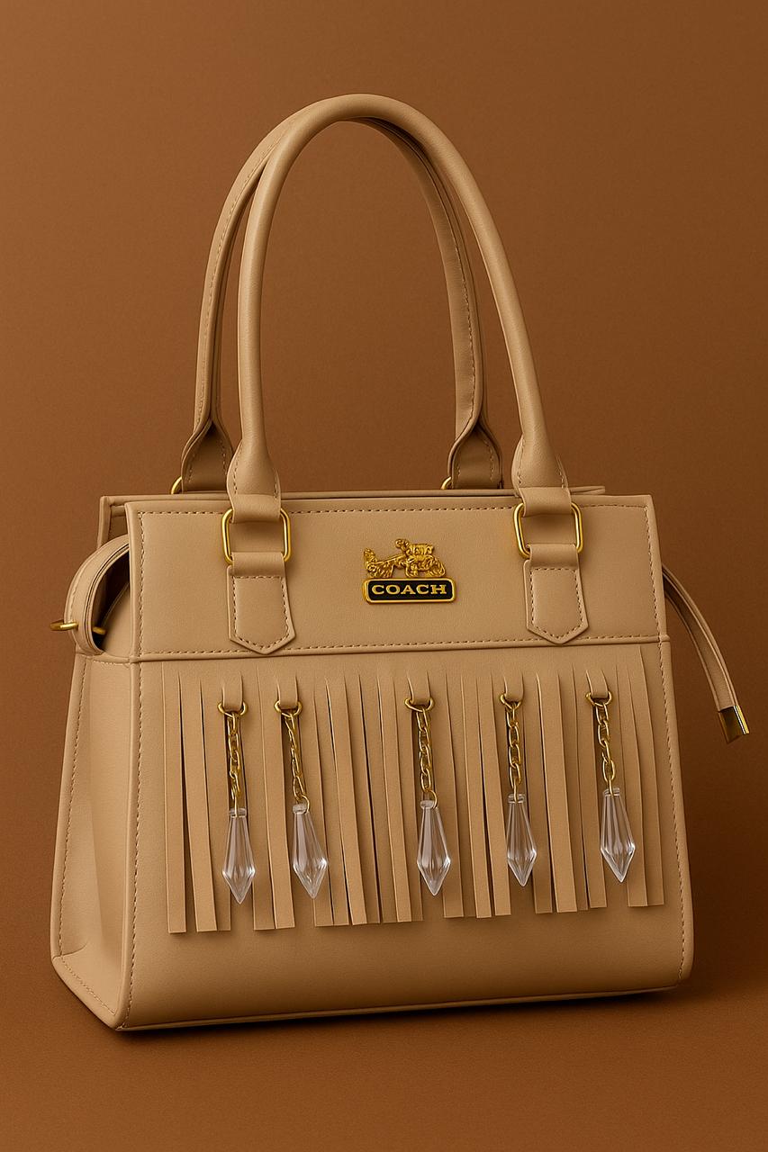 Luxury Fringe Handbag with Crystal Charms – Beige, Pink & Red